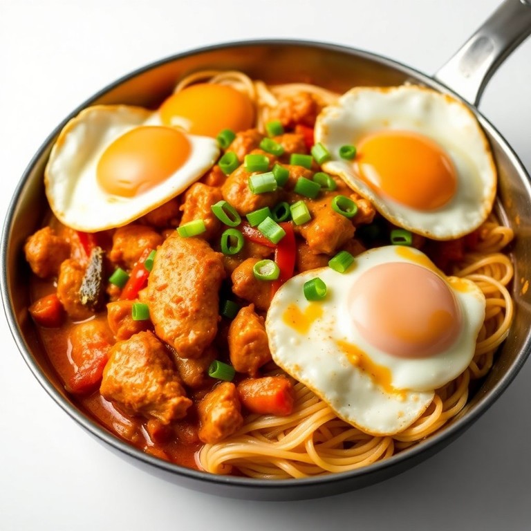 Curry-Hühnchen mit gebratenen Eiern und Nudeln