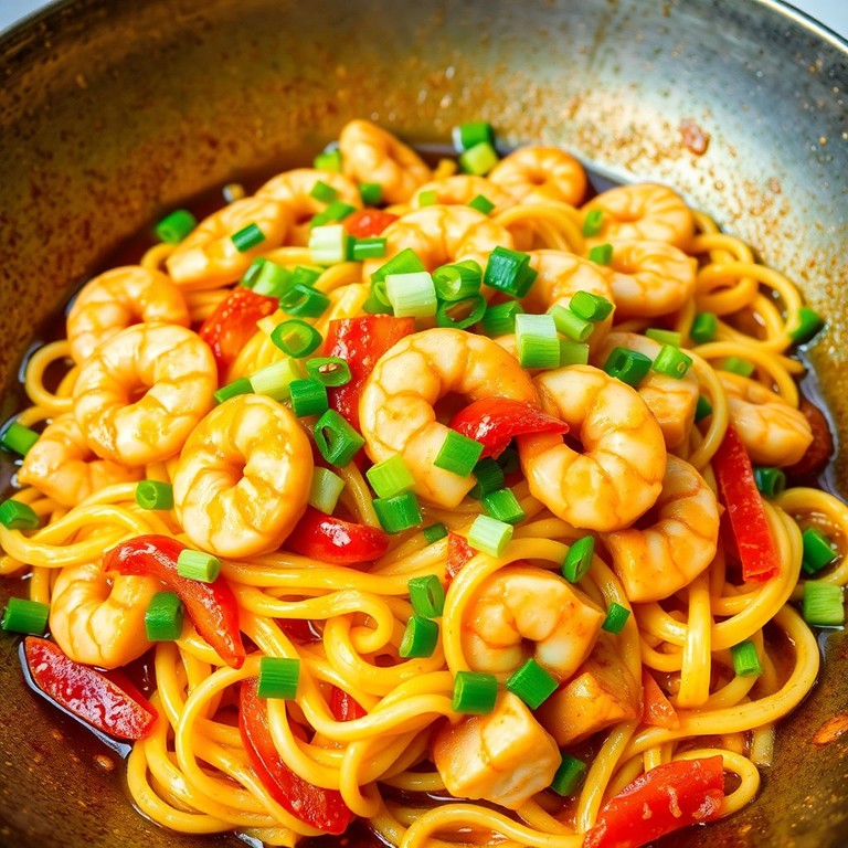 Krabben-Hühnchen-Pfanne mit würzigen Eiernudeln