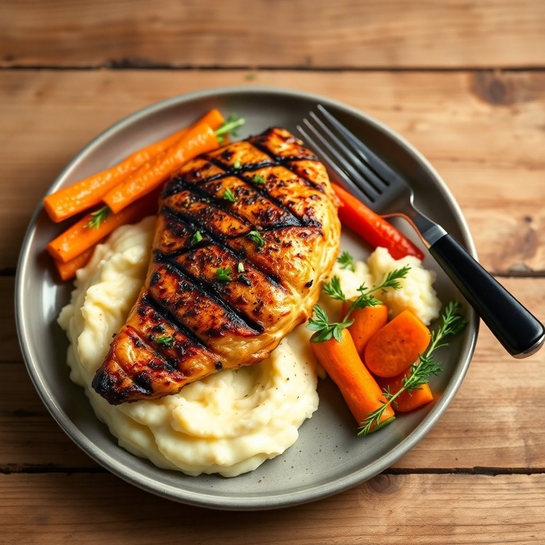 Filé de Frango Grelhado com Purê de Batata e Cenoura
