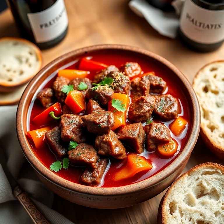 Гуляш из говядины с болгарским перцем и красным вином