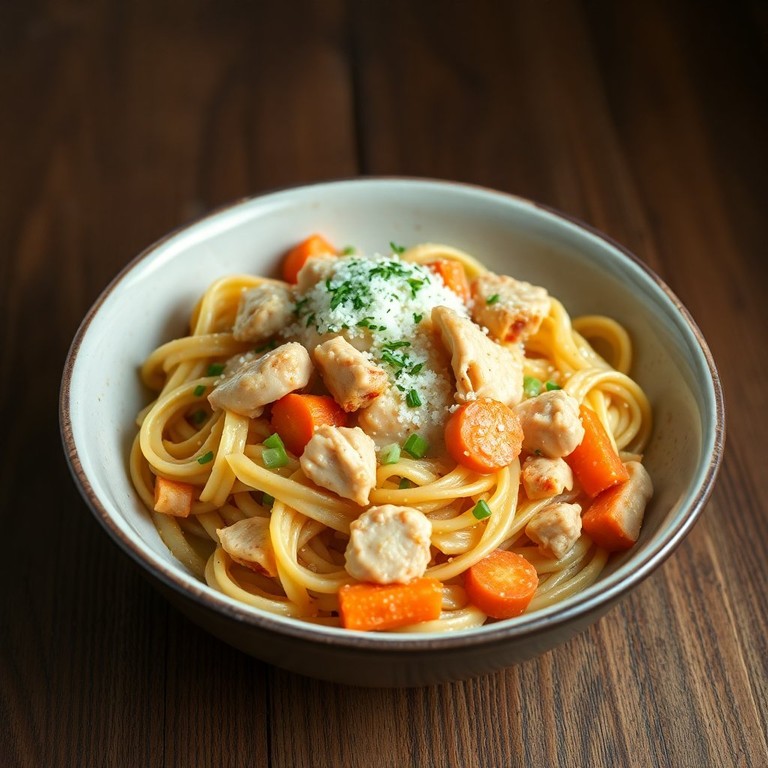 Pâtes au Poulet, Légumes Croquants et Crème Fraîche