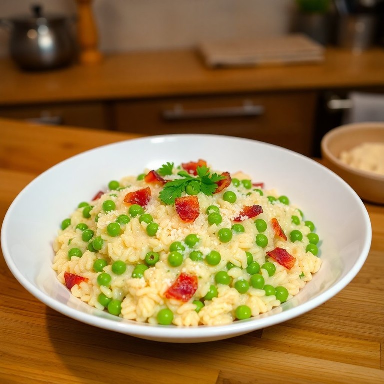 Romige Risotto met Doperwten en Crispy Spekjes