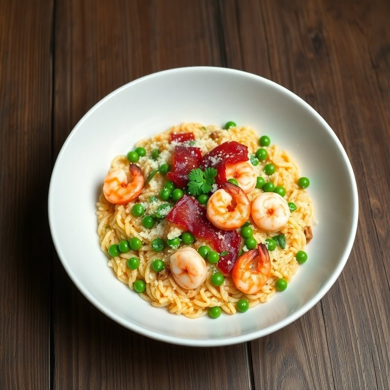 Kruidige Risotto met Spekjes, Doperwten en Garnalen