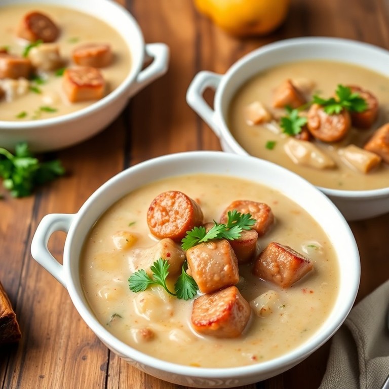 Cremige Zwiebel-Suppe mit Würstchen