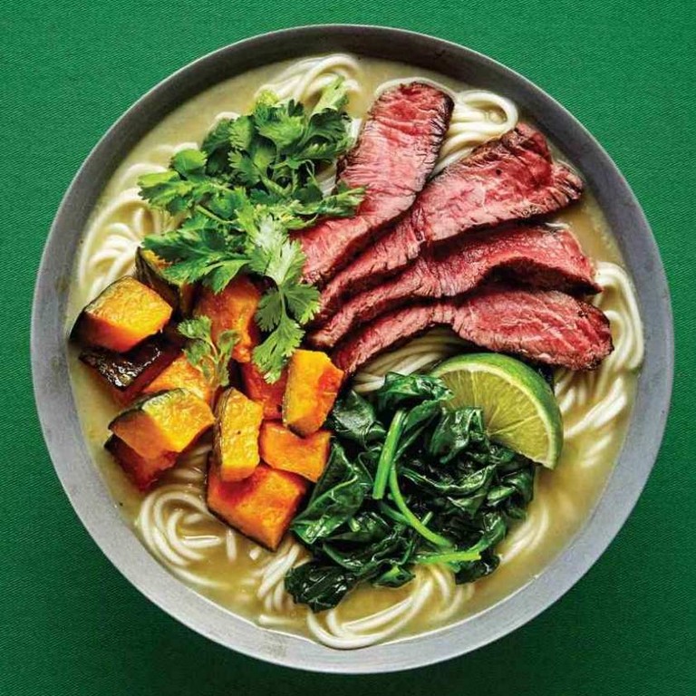 Thai-Style Green Curry Ramen With Grilled Steak, Squash, and Greens