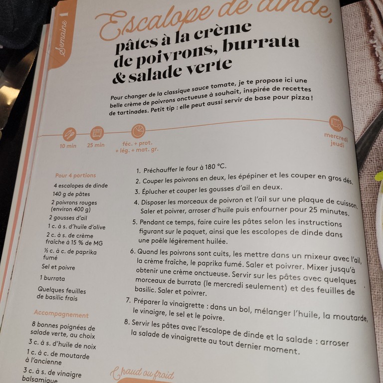 Escalope de dinde, pâtes à la crème de poivrons, burrata & salade verte