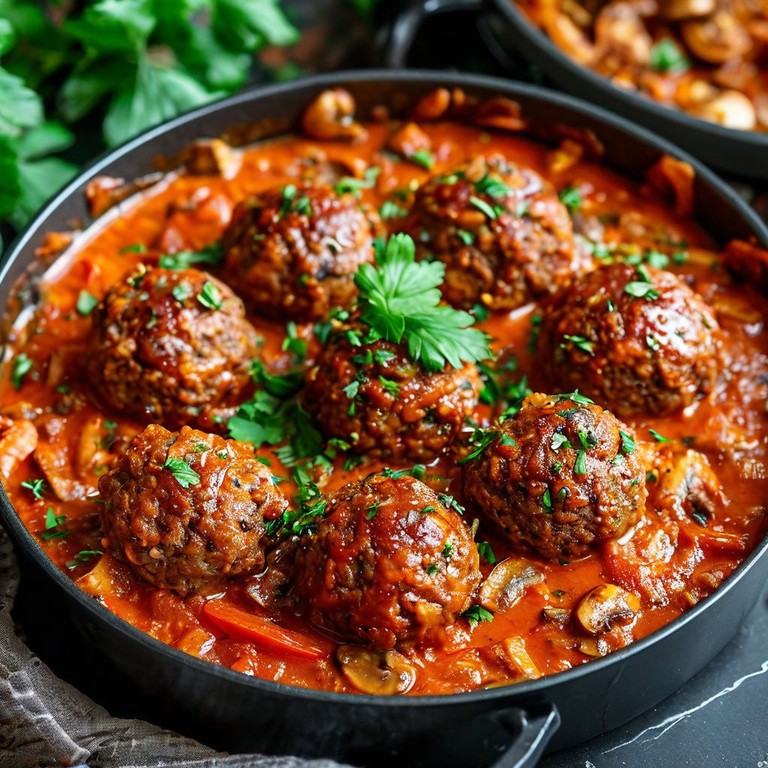 Тефтели с грибами в томатно-сметанном соусе