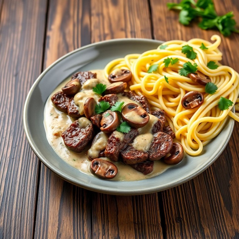 Bavette de Boeuf aux Champignons et Crème Fraîche avec Pâtes
