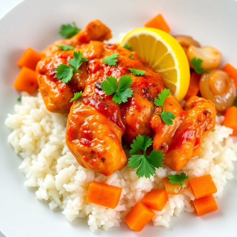 Lemon-Garlic Harissa Chicken with Sautéed Onions and Rice