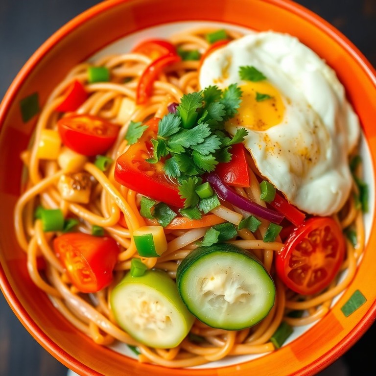 Bunte Nudelpfanne mit frischem Gemüse und Ei