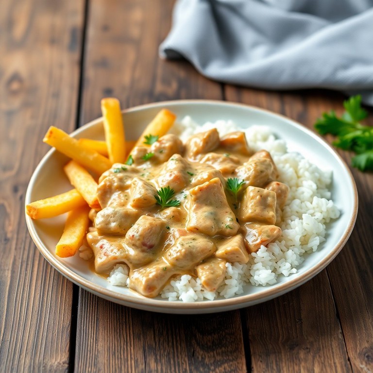 Estrogonofe de Frango Cremoso com Arroz e Batata Palha