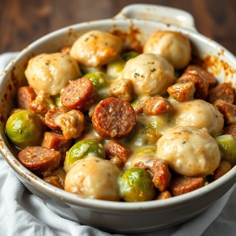 Rosenkohl Auflauf mit Wurst und Knödeln überbacken