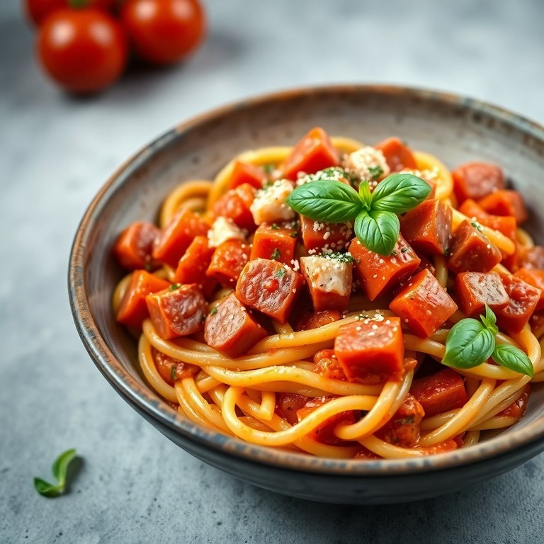 Zwiebel-Tomaten-Pasta mit Fleischwurst