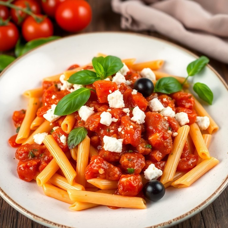 Mediterrane Vollkornpenne mit Tomaten und Feta