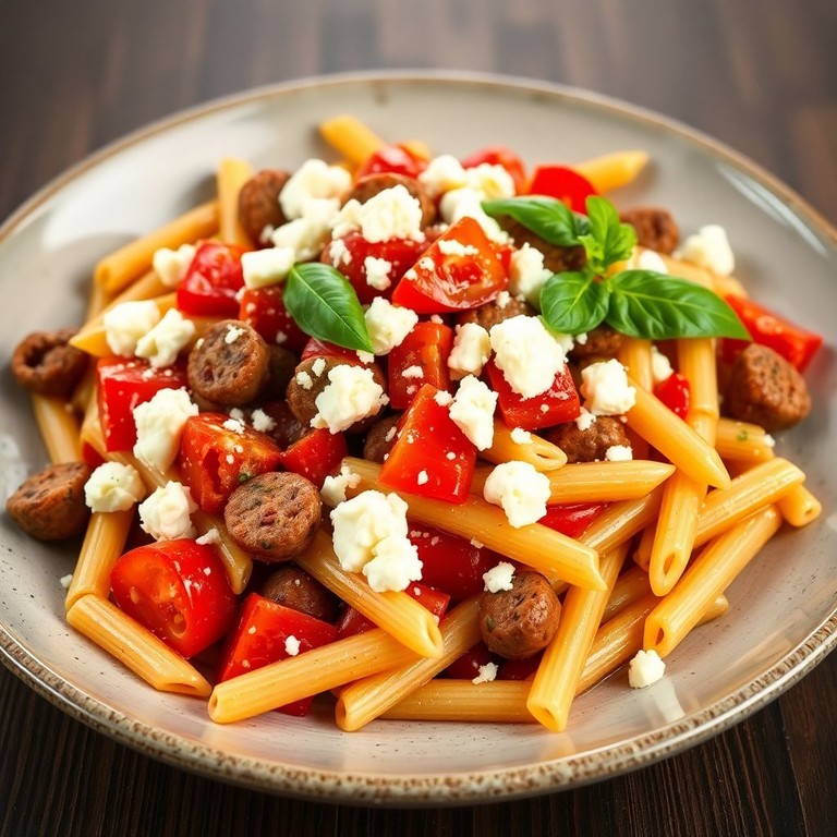 Mediterrane Vollkornpenne mit Salciccia, Tomaten, Feta und Artischocken