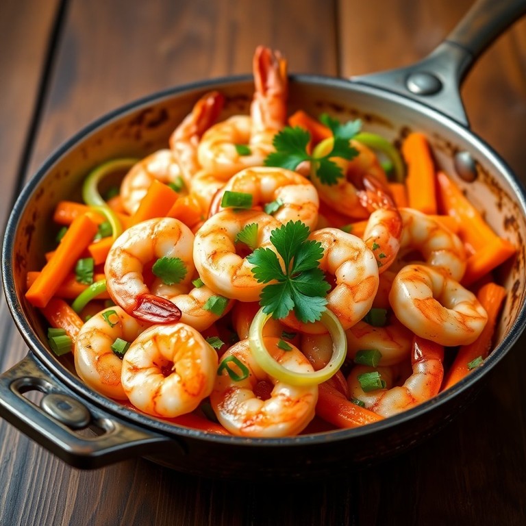 Gambas Salteadas con Zanahorias y Puerros