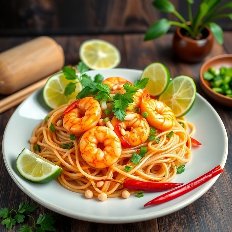 Klassisches Pad Thai mit Garnelen und Erdnüssen