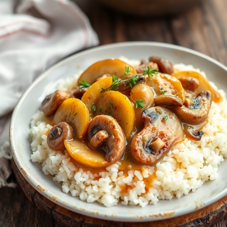 Sahnige Champignon-Birnen-Pfanne mit Reis
