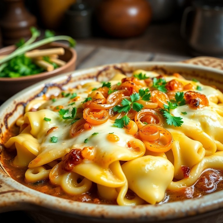 Überbackene Schupfnudeln mit Käse und Zwiebeln