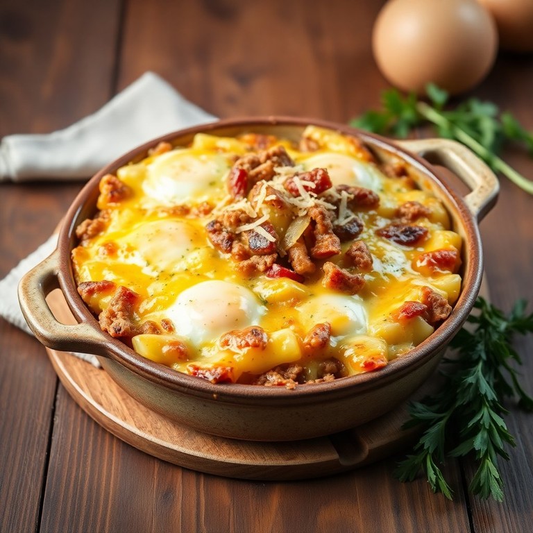 Сытная картофельная запеканка с яйцами и мясом