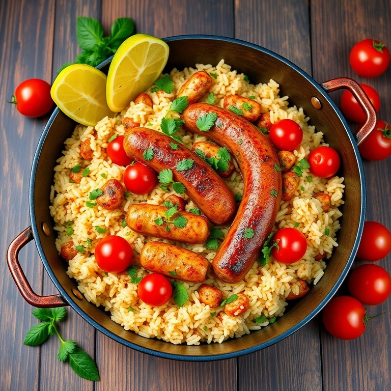 Würzige Wurst-Pfanne mit Reis und Cherrytomaten