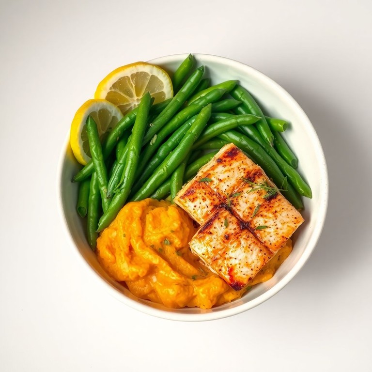 Bowl de Saumon Grillé avec Purée de Patate Douce et Haricots Verts Frais