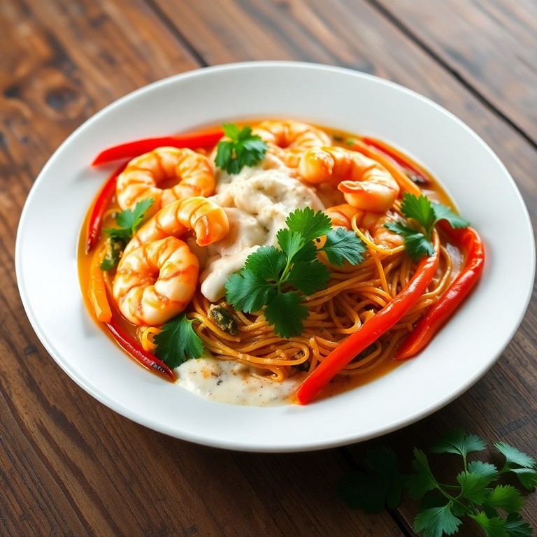 Nouilles au Curry et Crevettes Flambées