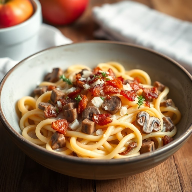 Romige Pasta met Appel en Champignons en Knapperige Spekjes