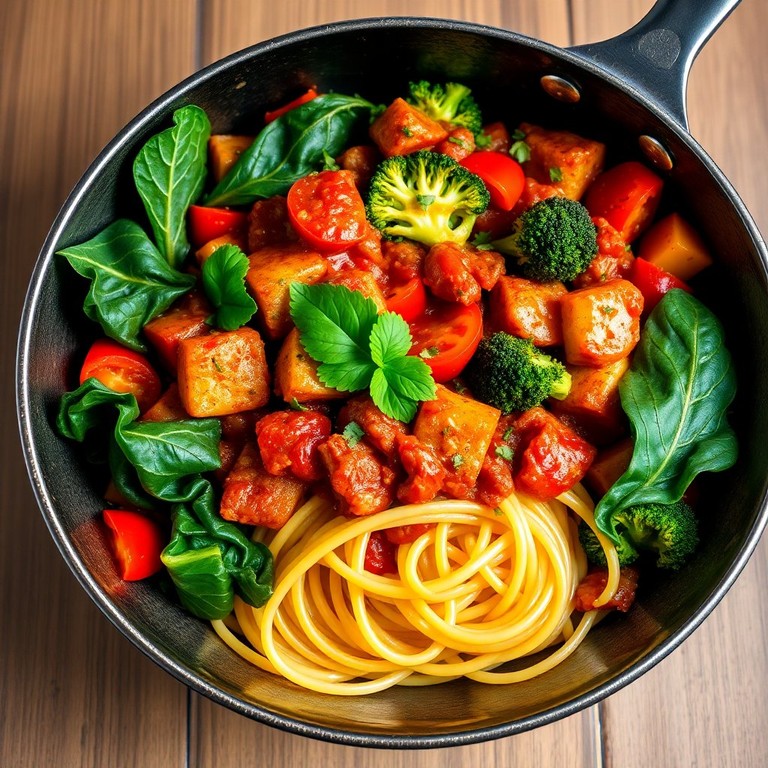 Mediterrane Gemüsepfanne mit Tomatensauce und Spaghetti
