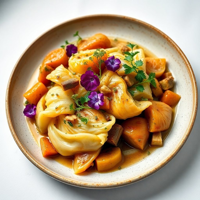 Chou Braisé Gourmet aux Herbes et Légumes avec Décoration Élégante
