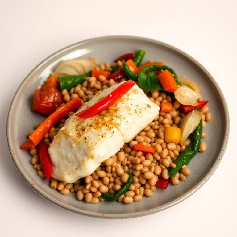 Poisson Cabillaud aux Haricots Mung, Orge et Légumes Sautés