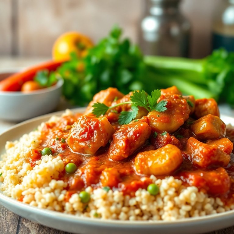 Томлёная курица в томатном соусе с рассыпчатым булгуром