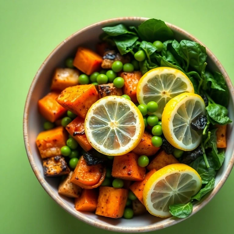 Bowl de Légumes Rôtis au Thym et Sauce Soja avec Décoration de Lamelles de Citron