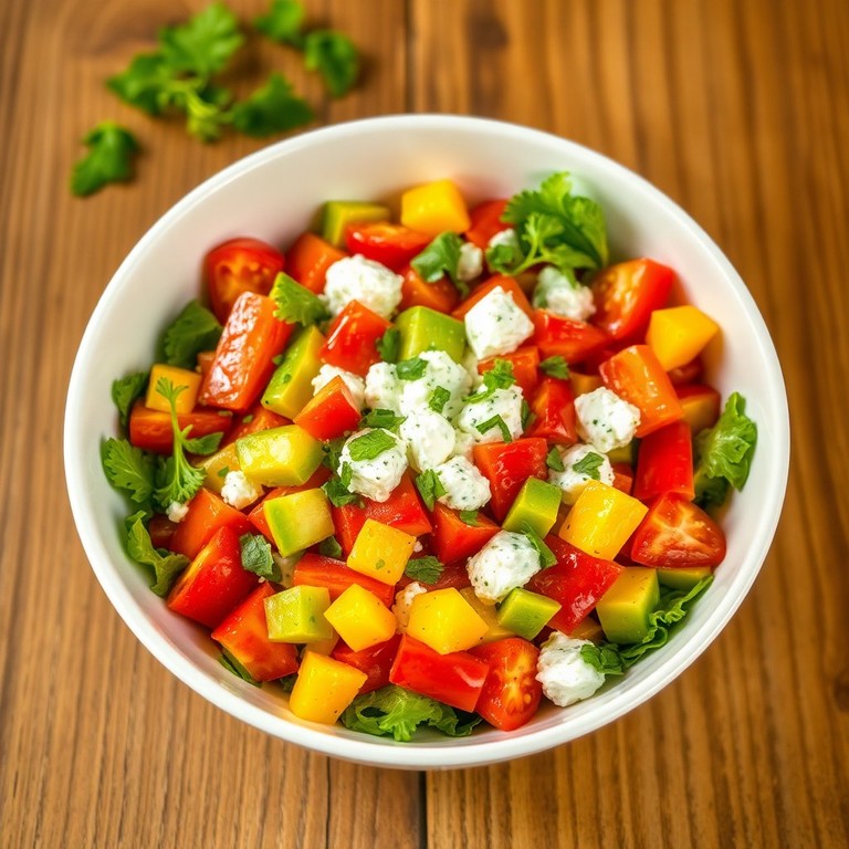Körniger Frischkäse-Paprika-Salat mit Avocado und Tomate
