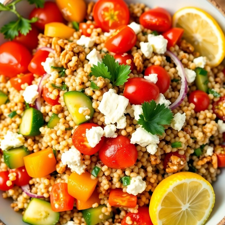 Buntes Quinoa-Salat-Bett mit frischem Gemüse und Nüssen