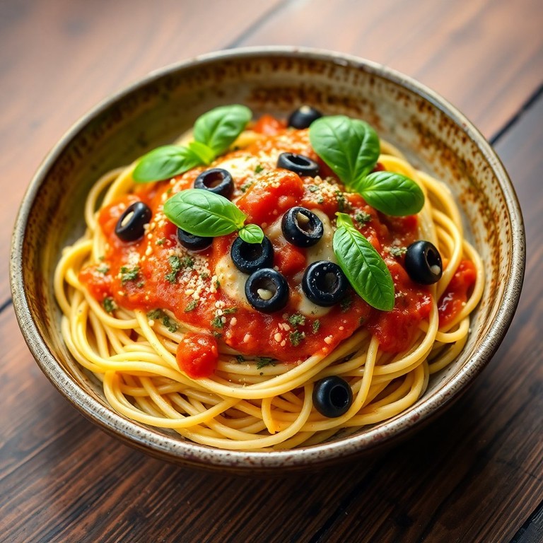 Pesto Spaghetti with Creamy Marinara and Olives
