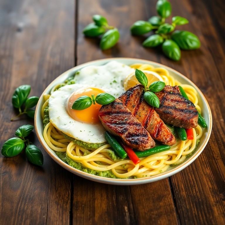 Oeufs Brouillés sur Lit de Pâtes au Pesto avec Steak Mariné