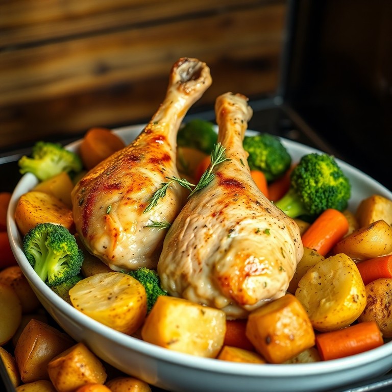 Deutsche Brathähnchenkeulen mit Gemüse und Kartoffeln