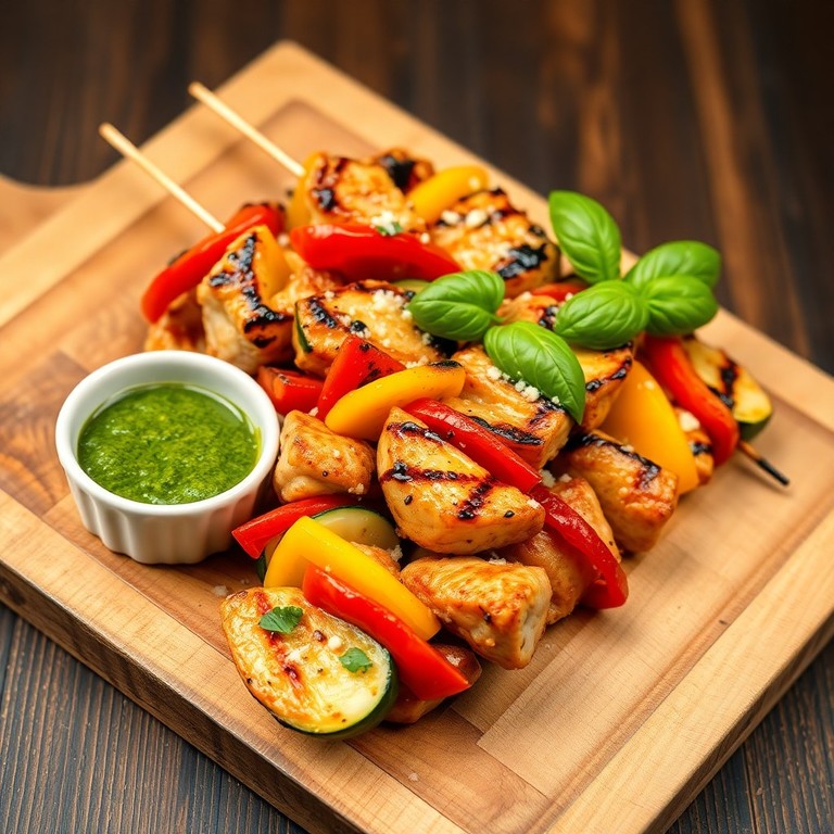 Brocheta Mediterránea de Pollo con Salsa Pesto