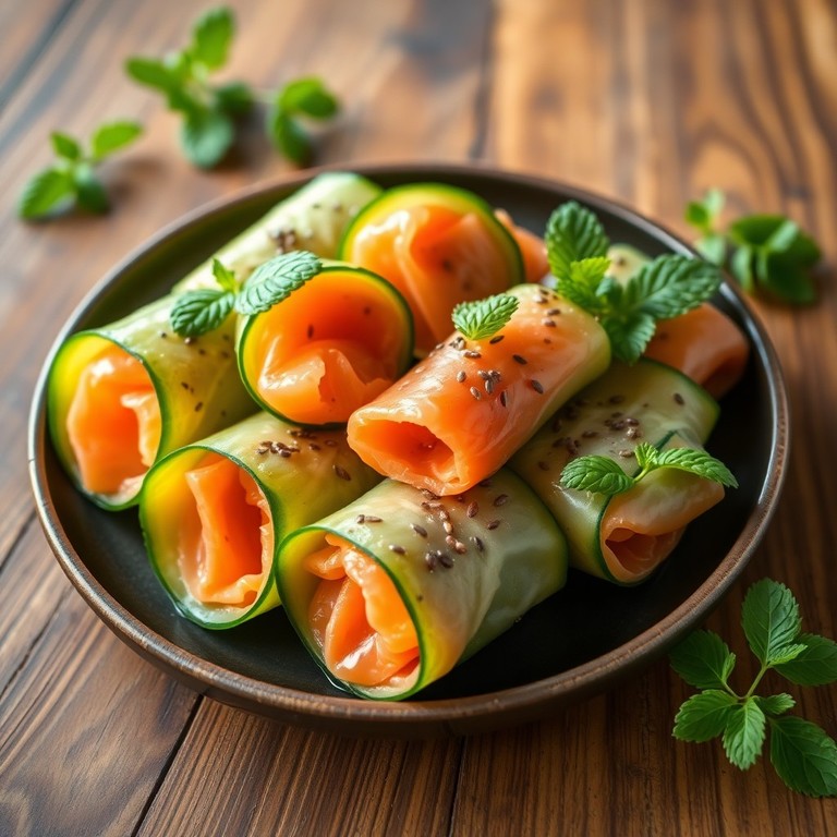 Lachs-Gurken-Röllchen mit Chiasamen und frischer Minze