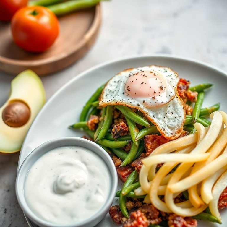 Eiweiß-Salat mit Edamame, Spiegelei und Quark-Schnittlauch-Dip