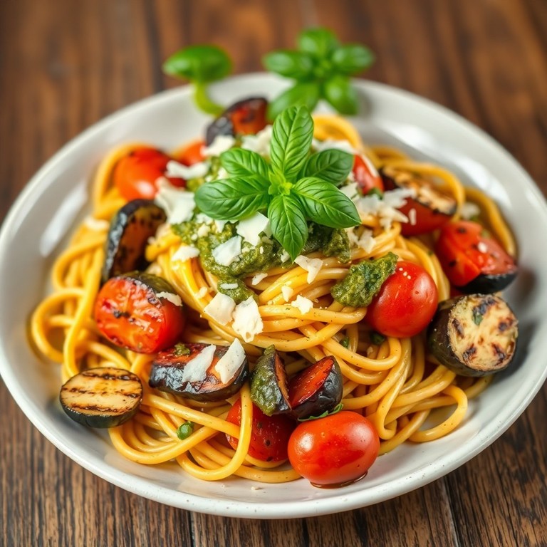 Gegrillte Nudeln mit Pesto und buntem Ratatouille