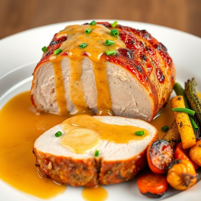 Rôti de longe de porc à la moutarde au miel et sauce au fromage fumé