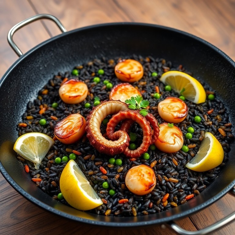 Squid Ink Paella with Octopus and Scallops