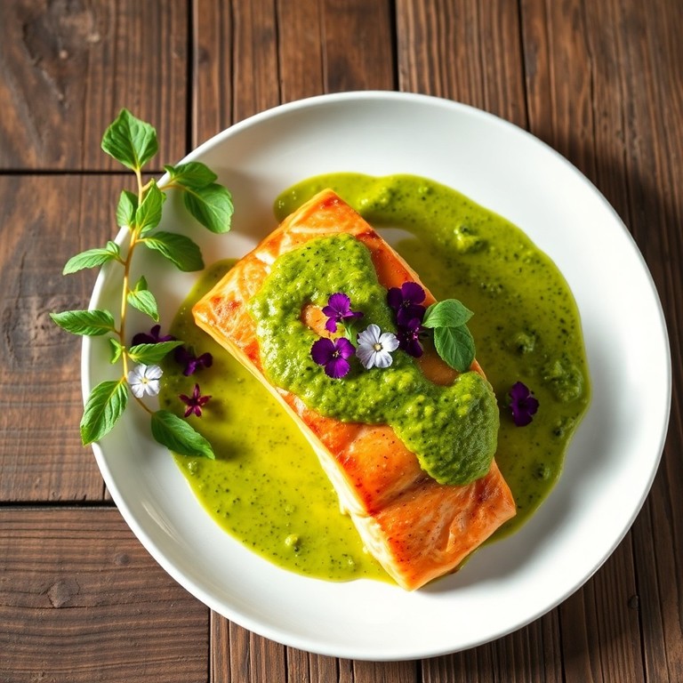 Saumon Poêlé, Sauce Vierge à l'Oseille et Dressage Fleuri