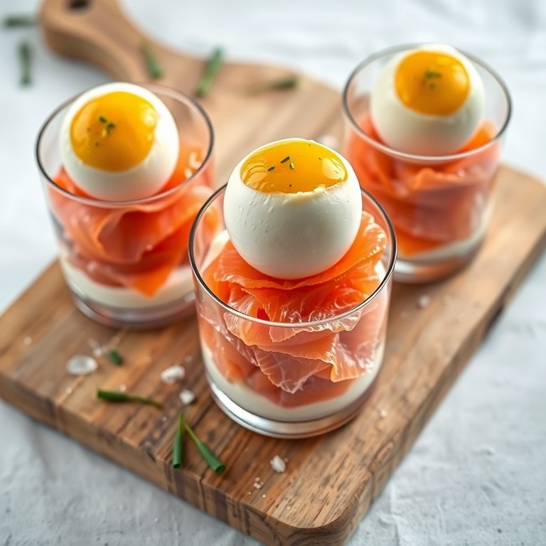 Verrines Trio: Oeuf Parfait, Poisson Fumé et Mousse Acidulée