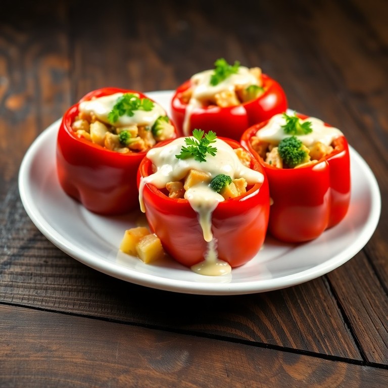 Gefüllte Paprika mit Hähnchen-Kartoffel-Füllung in leichter Sahnesauce