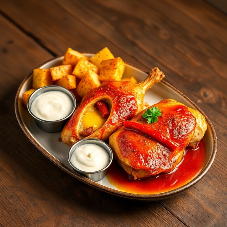 Pollo a la Española con Papas Bravas