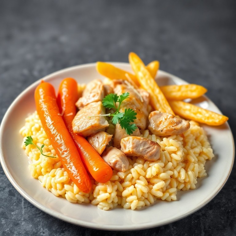 Poulet au Riz Crémeux, Carottes Glacées et Frites Croustillantes