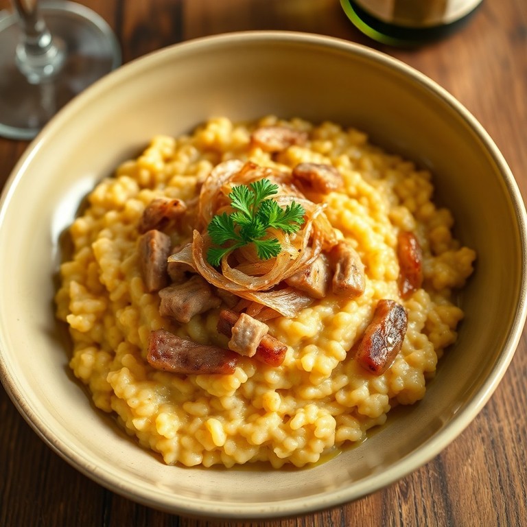 Risoto de Porco ao Champanhe com Cebola Caramelizada e Salsa